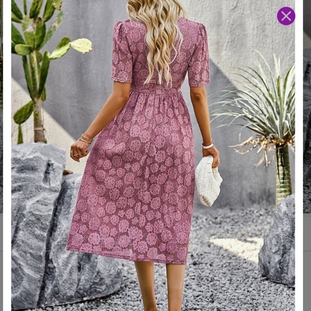 Gaovot | Floral Lace MIDI Dress V-Neck Pink Size Medium - Picture 2 of 7